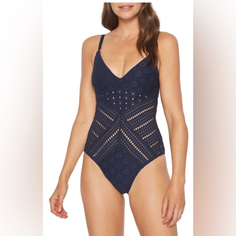 Robin Piccone Clarissa One Piece Swimsuit Eyelet Crochet Navy Blue Sz 6